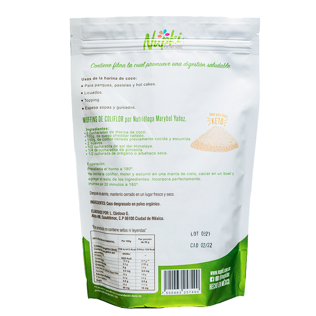 Harina de Coco Nupki 400g | Alta en fibra, sin gluten, ideal para repostería saludable